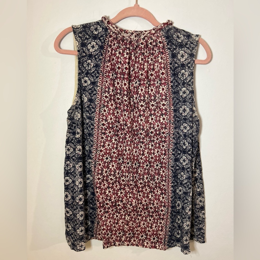 Lucky Brand Red & blue Sleeveless Buttoned Blouse w Mandarin ruffle Collar sz 1X - Picture 2 of 14